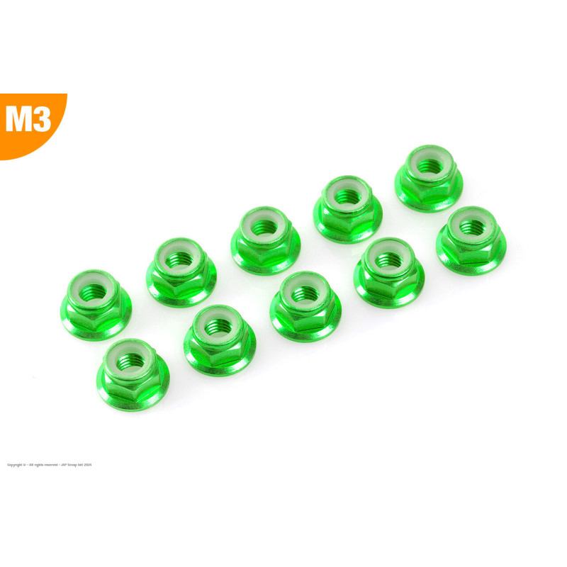 Revtec - Aluminium Nylstop Nut - M3 - Flanged - Green - 10 pcs